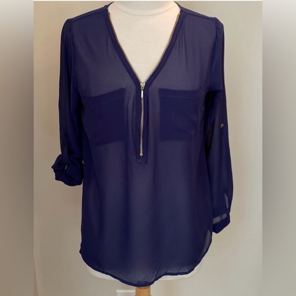 DNA Couture Navy Sheer Front M Coastal Crisp Nautical Elevated Smart Casual Top